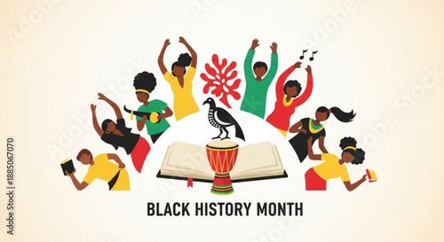 Diverse people celebrating black history month with book and drum