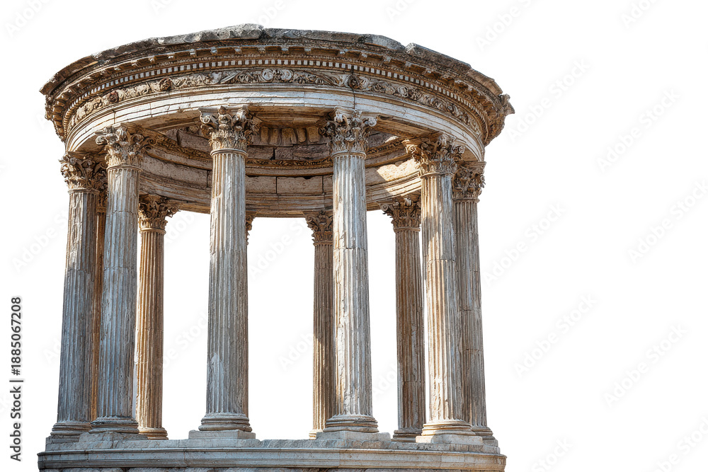 Obraz premium Ancient roman temple ruins isolated on transparent background. Ancient roman temple rotunda with corinthian columns isolated on white background.