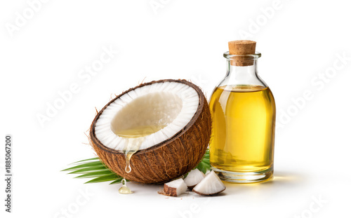 Glass bottle of Coconut oil with half cut coconut and leaf on a white background
