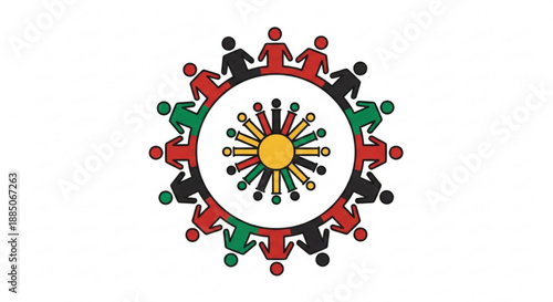 Diverse people joining hands in a circle with a sunburst design symbolizing unity and teamwork on a white background