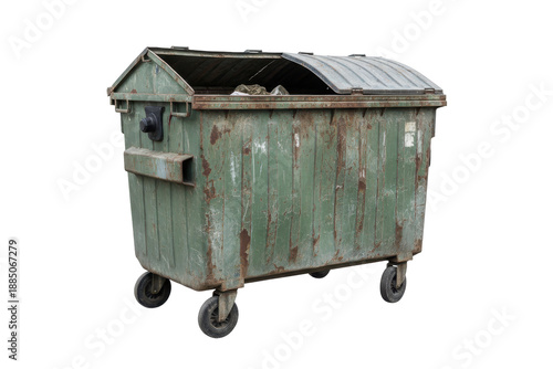 Old Green Dumpster Bin with Lid Open on Wheels
