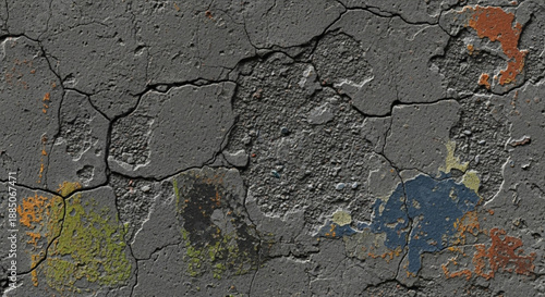 Cracked earth surface with vibrant orange blue and green paint patches on dry ground