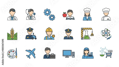 Collection of diverse professional occupation icons representing various careers.