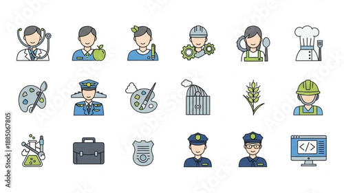 Collection of diverse professional occupation icons representing various careers.