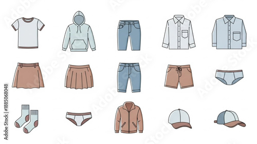 Collection of Childrens Clothing Items Hand Drawn Style.