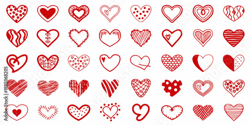 A collection of vibrant red hearts in various decorative styles and patterns