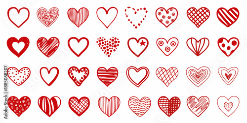 Collection of red heart doodles in various patterns and styles