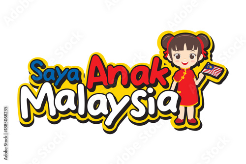 Adorable Chinese Malaysian girl cartoon wearing traditional cheongsam, holding Malaysia flag with Saya Anak Malaysia text. Ideal for multicultural, Merdeka, Malaysia Day and children design projects.