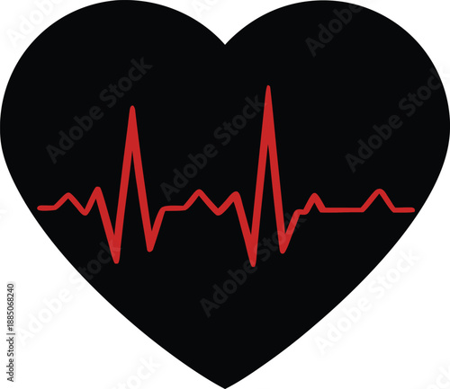 Vital Black Heart Symbol Featuring Dynamic Red Heartbeat Pulse Line for Health Monitoring