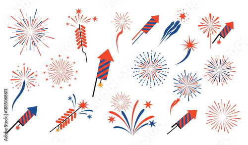 Modern festive fireworks burst vector illustration set with playful pyrotechnic elements on white