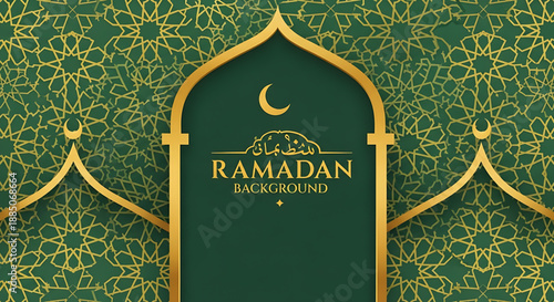 Ornate Islamic Archway with Ramadan Greeting on Embroidered Green Background, Symbolizing Spirituality and Cultural Heritage