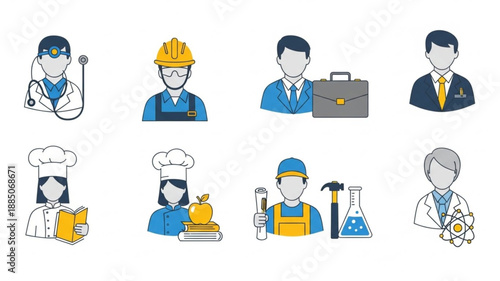Collection of diverse professional occupation icons representing different careers.