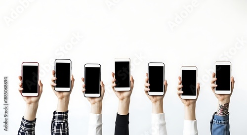 Seven people's hands hold up smartphones with blank screens on a clean white backdrop, representing modern communication