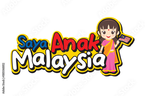 Adorable Indian Malaysian girl cartoon wearing traditional saree, holding Malaysia flag with Saya Anak Malaysia text. Great for multicultural, Merdeka and Malaysia Day kids visuals.