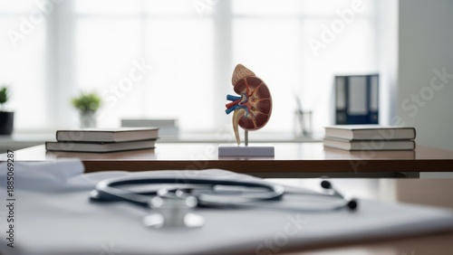 Human kidney anatomical model on a doctor's desk with medical stethoscope