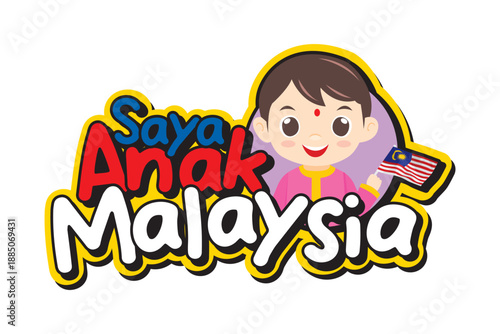 Adorable Indian Malaysian boy cartoon wearing traditional Dhoti, holding Malaysia flag with Saya Anak Malaysia text. Great for multicultural, Merdeka and Malaysia Day kids visuals.