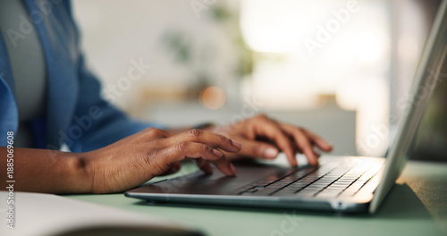 Foto Check, laptop and hands of business person in office for event planning, venue research and email