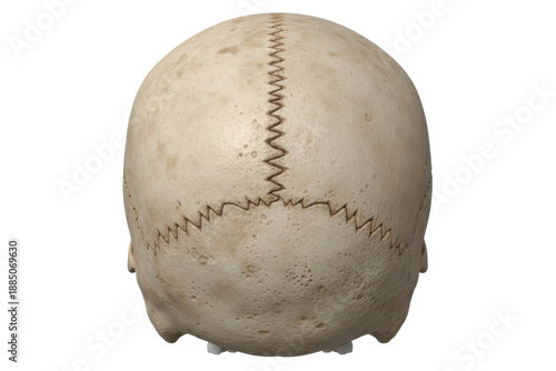 Posterior view of a human skull showing sutures and cranial bones, anatomical detail
