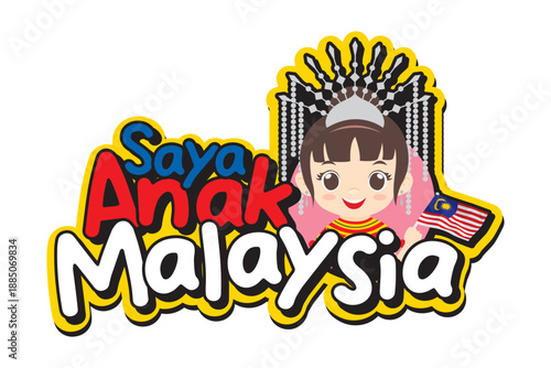 Adorable Malaysian Sarawakian Iban girl cartoon with traditional ethnic headdress, holding Malaysia flag and Saya Anak Malaysia text. Ideal for cultural diversity, unity, Merdeka