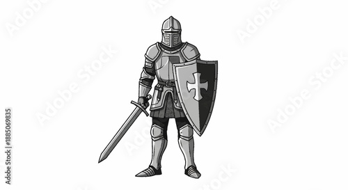 A knight in armor holding a sword and shield with a cross stands ready for battle