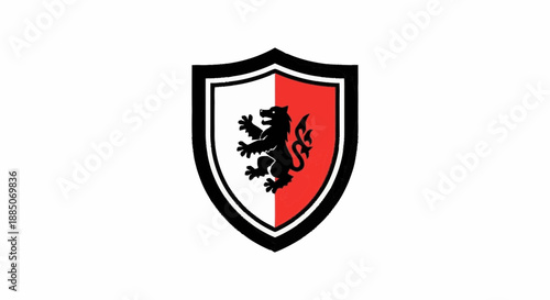Shield emblem featuring a lion graphic on a divided red and white background viewed from the front