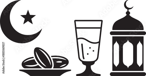 Ramadan Iftar Item Set: dates, water glass, plate, lantern, crescent moon