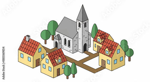 Illustration of a church surrounded by houses and trees in a village scene from an aerial viewpoint