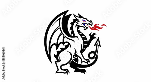Illustration of a dragon with red flame, wings spread wide, mythical creature, fantasy art, graphic design element