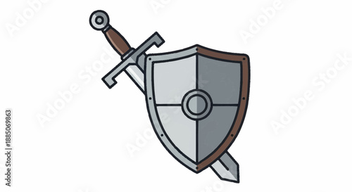 Illustration of a medieval shield and sword crossed on a white background from a straightforward viewpoint