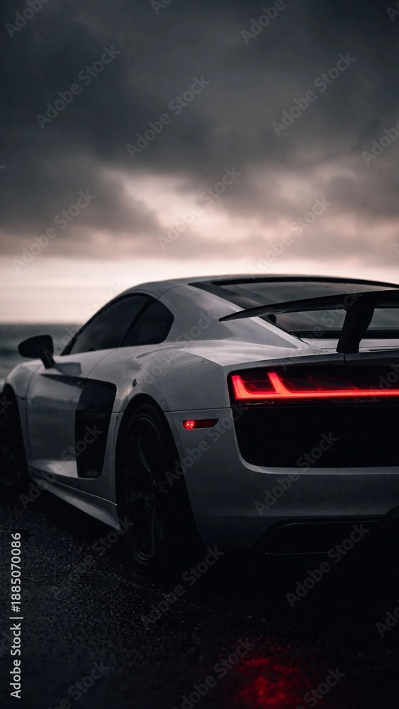 Fototapeta premium Luxury Sports Car Rear View In Rain