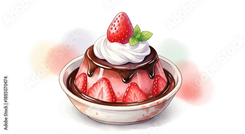 A delicious strawberry dessert with whipped cream and chocolate sauce in a bowl viewed from above