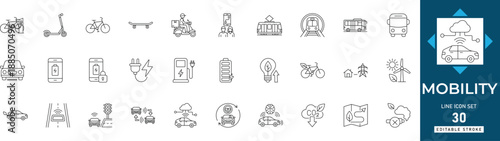 Mobility line icon set featuring transport, electric, vehicle, urban, travel, scooter, autonomous, technology, smart, city editable vector set.
