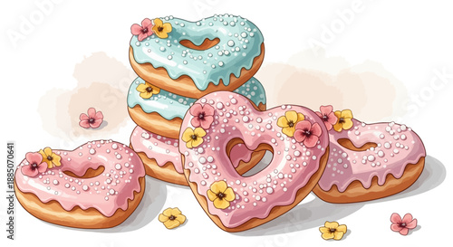 Sweet pastries and donuts with icing and flowers on a white background, viewed from above, showcasing sweet treats.