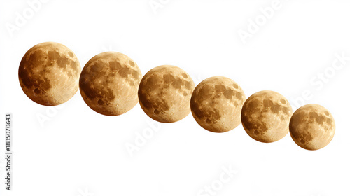 image shows the cycle of the moon, each phase is depicted sequentially, showing the full moon gradually decreasing