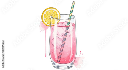 Illustration of a refreshing pink drink in a glass with straw and orange slice