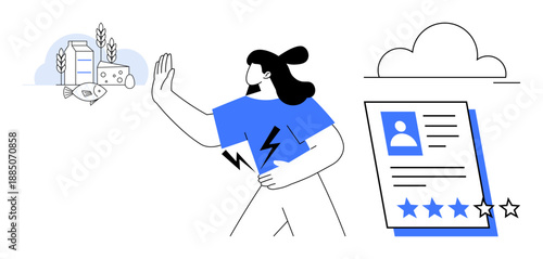 Woman holding her stomach, rejecting dairy, bread, and cheese. Nearby, a profile document and stars suggest consumer reviews. Ideal for health, allergy, diet reviews wellness lifestyle awareness