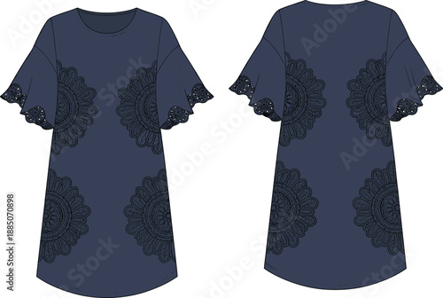 Blue T-shirt dress vector illustration with flutter sleeves, intricate floral mandala embroidery details, and decorative scalloped lace edges for fashion design.