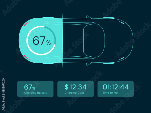 Electric Vehicle Dashboard UI with hologram car top view showcasing status battery charging vector illustration design concept. EV charging design for EV Car, EV station, ui, clean energy, infographic