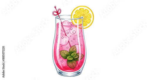 A vibrant pink cocktail illustration with mint and lemon, served chilled in a tall glass with straws and ice