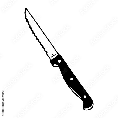 serrated kitchen knife illustration with black handle isolated on white