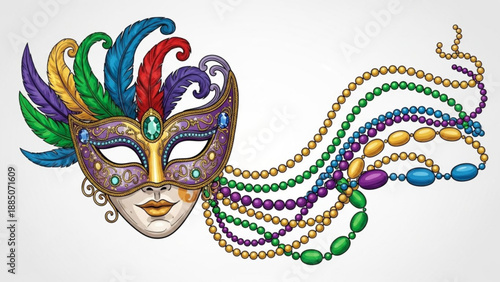Colorful Mardi Gras Mask with Beads and Feathers on White Background