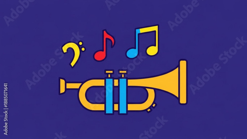 Trumpet with Musical Notes on Purple Background