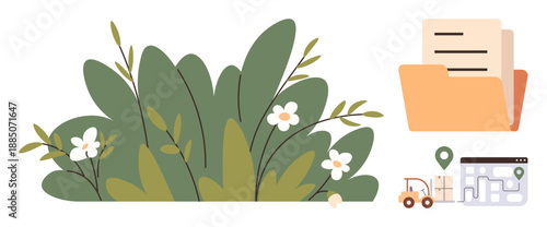 Logistics, file organization, data management, supply chain, eco-friendly concepts, digital planning. A leafy bush with flowers, documents in a folder a delivery truck and a map. Logistics and file