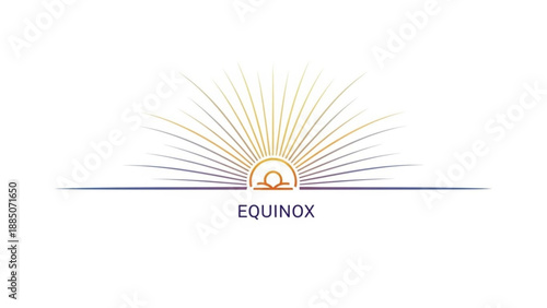 Equinox Sunrise Symbol with Orange and Yellow Rays on White Background
