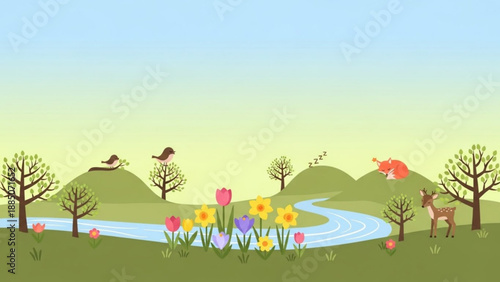 Spring Landscape with Deer and Birds near River