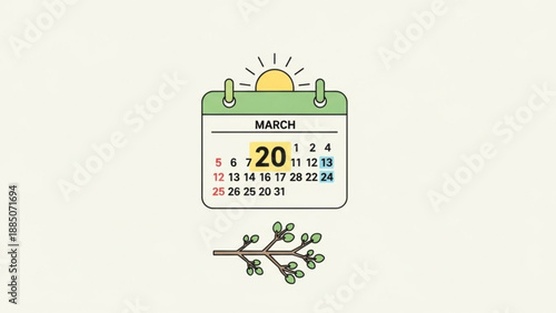 Spring Calendar with Green Page and Date 20 Highlighted, Isolated on White Background