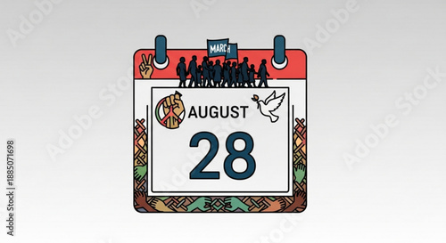 Colorful calendar page showing august 28 with dove and people icons on a patterned background