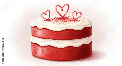 Red velvet cake with white frosting and heart decorations on top viewed from the front