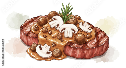 A grilled steak served with mushrooms and sauce, viewed from above, Whisk_9f8726207814960949342a446bbf590bdr.eps inspiration