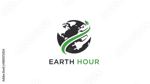 Earth Hour Logo with Green Ribbon and Black Globe Symbolizing Environmental Conservation